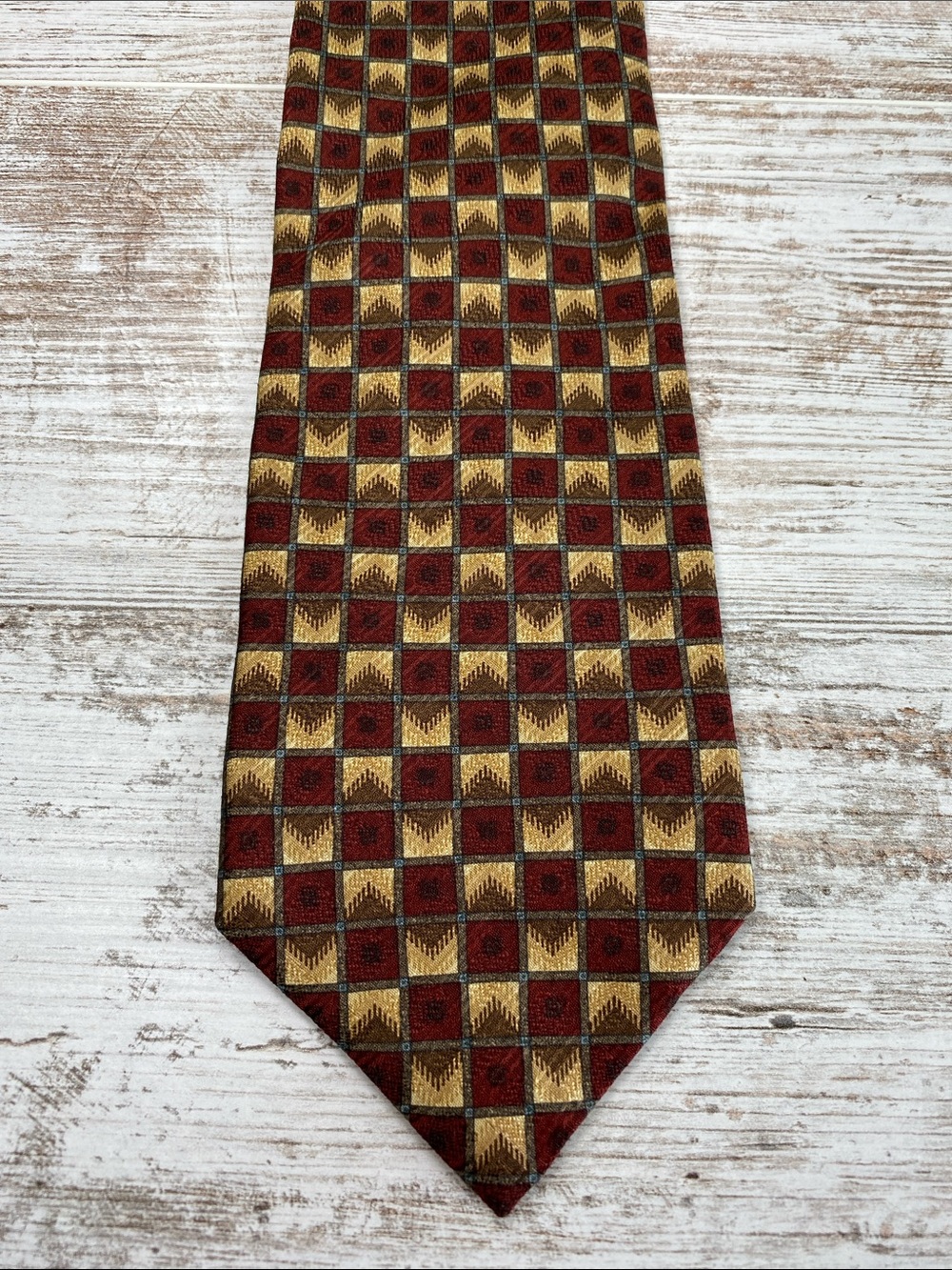 Vintage Claiborne Silk Tie Geometric Check Burgundy Gold Brown 90s USA